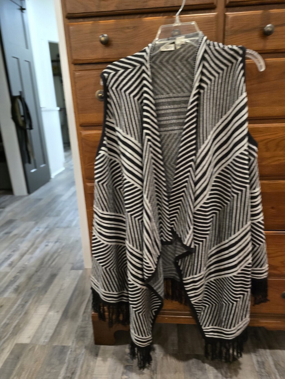 Cato Black and White Striped Fringe Open Front Vest